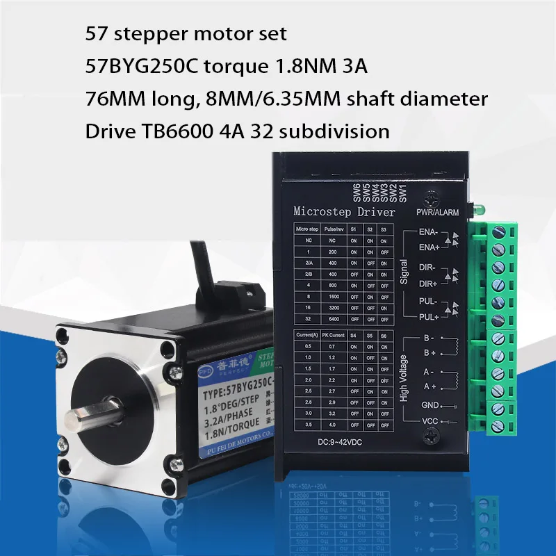 

57 stepper motor with brake kit 57BYG250C torque 1.8N. M length 76MM+TB6600/DN542S/DM542 driver 4A 32 subdivision