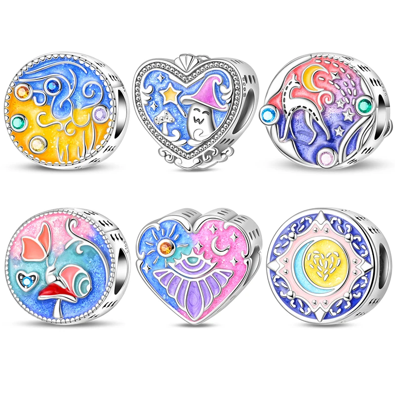 Abalorios de Plata de Ley 925 con Diseño de Pintura al Óleo Colorida de Sol, Luna y Estrellas, para Pulseras Originales 925, Joyería DIY, Colgante para Mujer