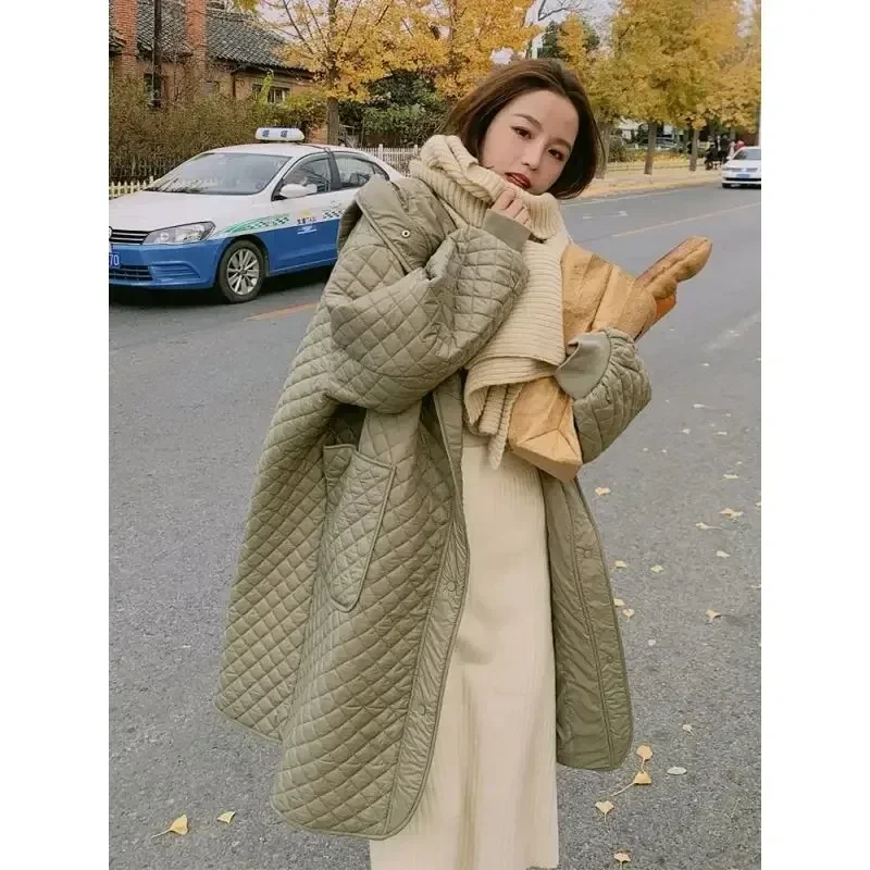 Checkered Hooded Cotton Jacket for Women's Mid Length 2023 New Autumn/winter Loose Fitting Fashionable Lightweight  WED-1987