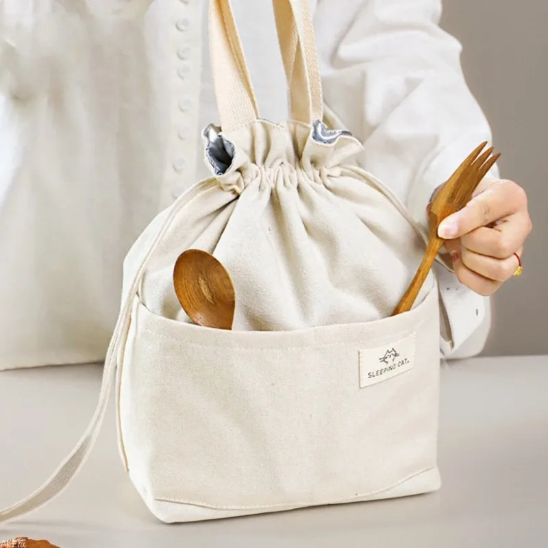 Drawstring Canvas Lunch Bag Thicken Insulated Aluminium Foil Thermal Bento Box Tote Cooler Handbags for Office Outdoor Picnic