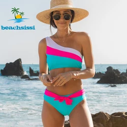 Beachsissi Women's One Shoulder Bikini Set Color Block Tie Waist Bikini Set Cute Girl Swimming Beachwear