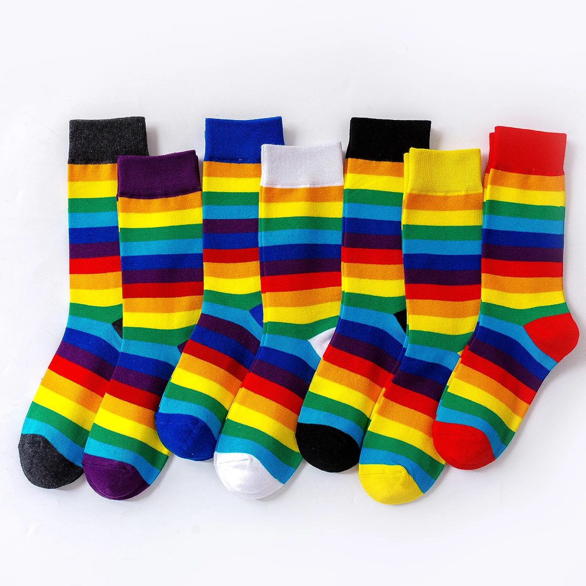 1 pair of rainbow striped cotton socks, comfortable, breathable, and odor resistant mid length socks, long socks for children