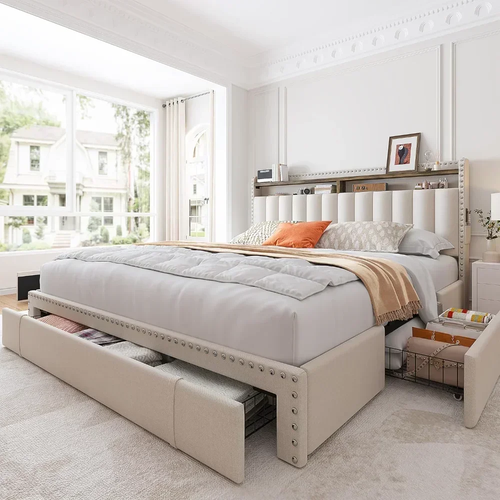 Queen Bed Frame,Upholstered Platform Bed Frame Queen Size with 3 Storage Drawers,Queen Size Bed Frame with Storage