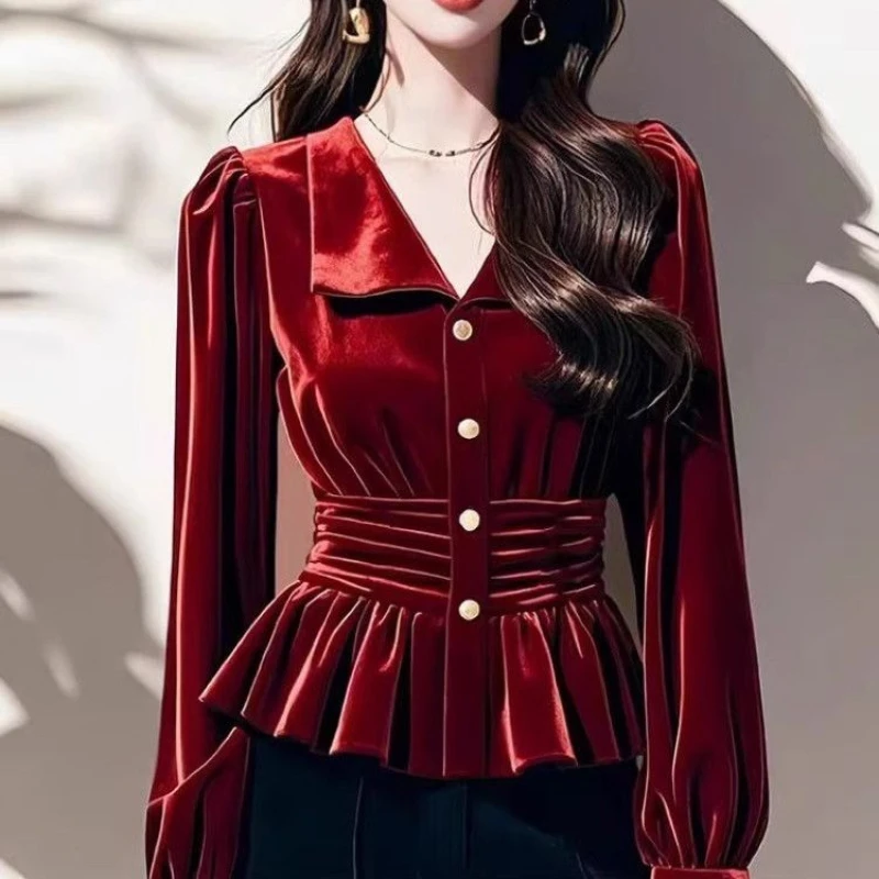 

Vintage Spring Autumn New Pleated Solid Blouse Long Sleeve Polo Neck Elegant Velvet Short Shirt Tops Fashion Trend Women Clothes