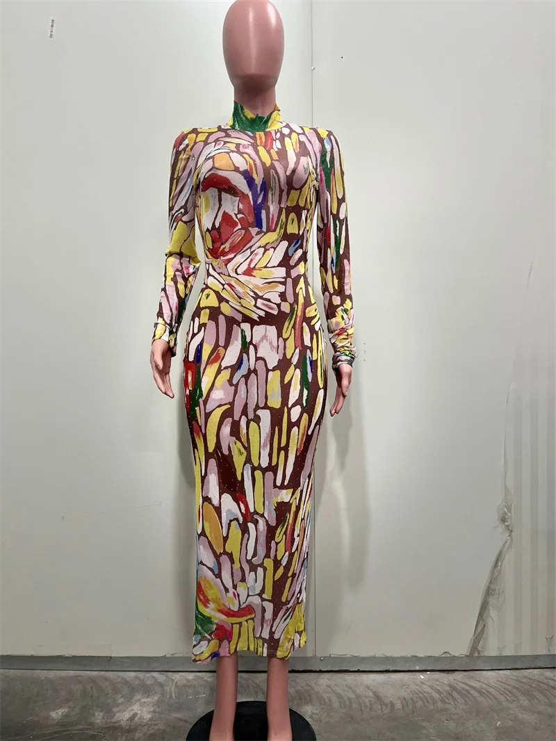 فستان ماكسي ضيق مطبوع عليه ربطة عنق ملونة من Doyerl فستان نسائي طويل الأكمام غمد نحيف قابل للتمدد للحفلات والنوادي فساتين طويلة Ropa De Mujer