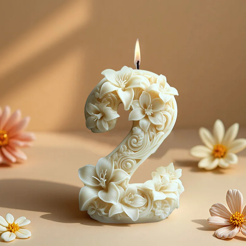 

4pcs Floral Number Candle Mold Silicone - DIY 3D Scented Candles & Plaster Decor for Birthday, Anniversary Celebration Gifts
