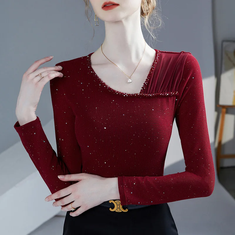 Beaded Slanted Neck Long Sleeved Women's Tops Autumn New High Stretch Mesh Bottom Shirt