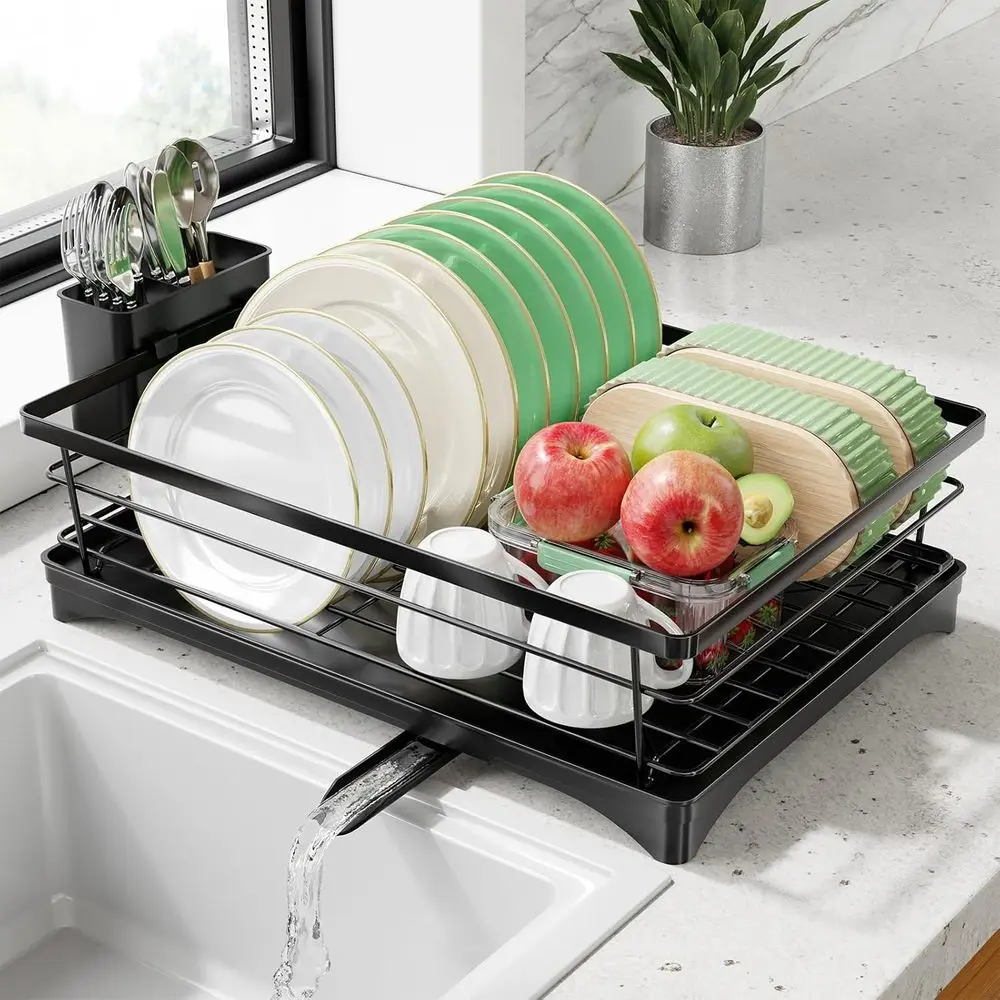 

Space-Saving Stainless Steel Dish Rack with Utensil Holder and Drainboard, 12W x 17L, Black