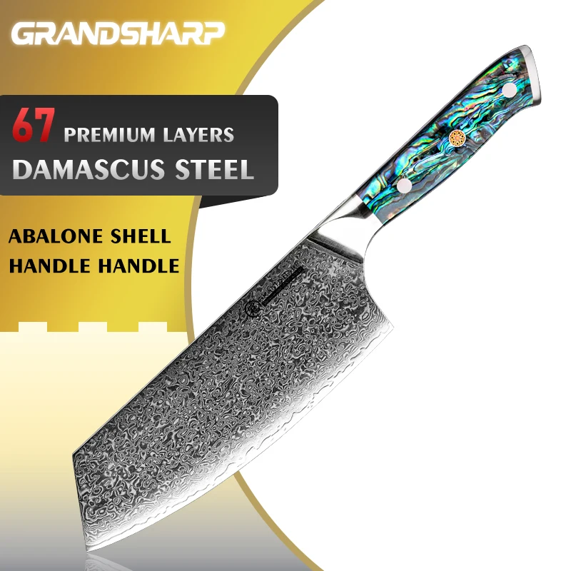 

Grandsharp Damascus Cleaver Knife 7 Inch Japanese Damascus Steel Vegetables Meat Kitchen Cooking Tools Cutlery Abalone Shell NEW