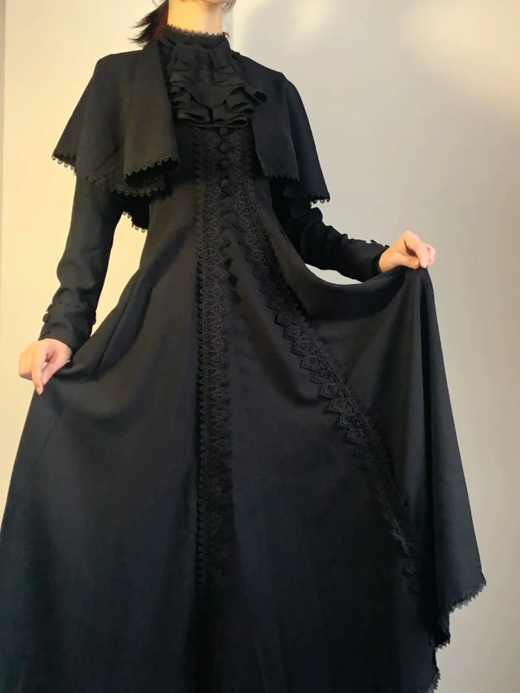 Japanese Gothic  Black Elegant Women Dress Sets Vintage Design High Street Slim Lolita Dresses Harajuku Y2k Long Sleeve Clothes