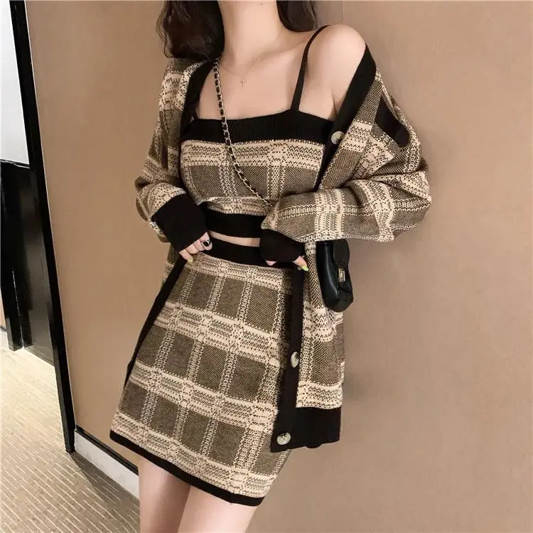 Knitted Sweater Jacket Suspender Plaid Hip-Covering Skirt Three-Piece Set Autumn Winter Temperament Royal Sister Suit