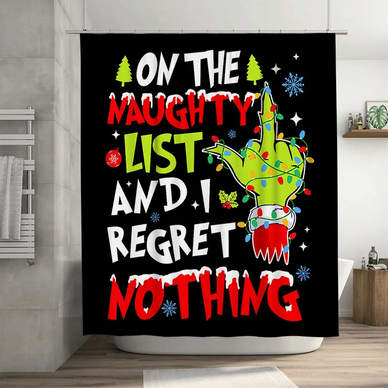 Funny Naughty List Novelty Christmas Shower Curtain with Middle Finger Glove Design,Humorous Xmas Bathroom Decor,Holiday Gift