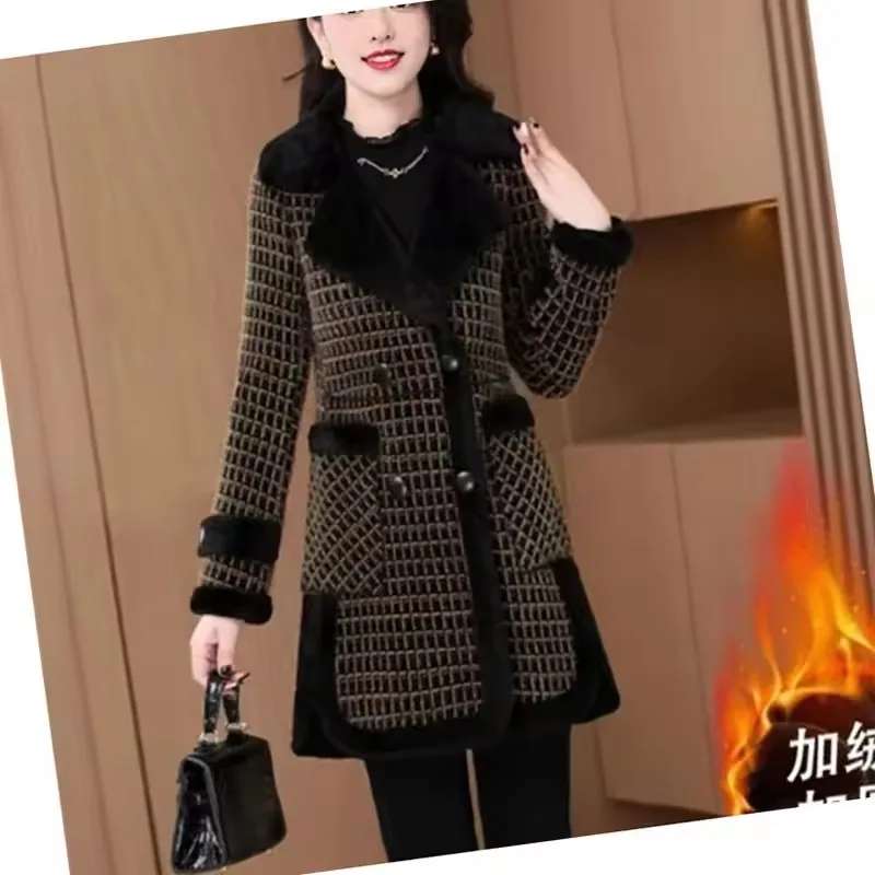 

Winter New Padded Woolen Jacket Women Mid Long Plaid Plus Velvet Thick Warm Windbreaker Female Wool Outerwear Casual Ladies Tops