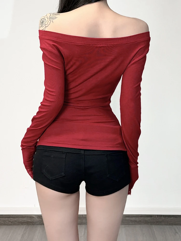 Gothic Sexy Style Off Shoulder Tops Women Long Sleeve Vintage Y2k Hot Chick Red T-shirt Streetwear Harajuku Punk Clothing New