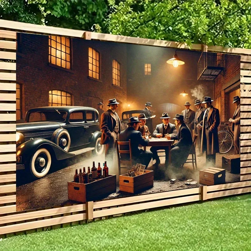 Vintage Americana Wall Tapestry Retro Art Deco Gangster Street Scene Old Car Movie Poster Print Industrial Style Decor Polyester