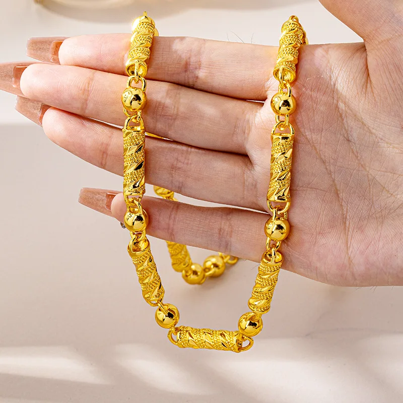 Men 24K Gold AU999 Bold Palace Style Cylinder Engraved Bamboo Bead Chain - Pure gold, enhances masculinity