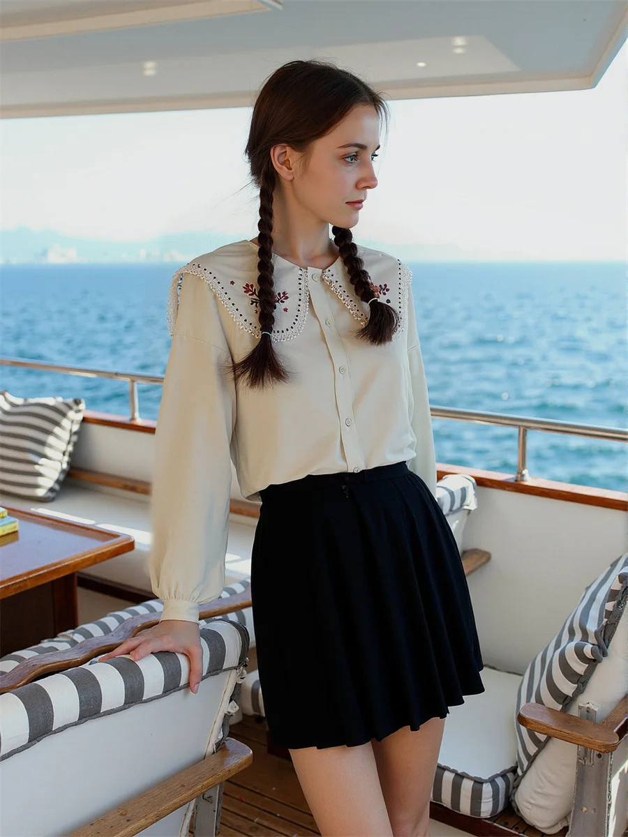 

Shirts For Women Lantern Sleeve Peter Pan Collar Polka Dot Pattern Print Sweet Preppy College Style Cute Simple Basic Button Up