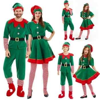 Männer Frauen Mädchen Jungen Weihnachten Santa Claus Kostüm Grüne Elfe Cosplay Familie Karneval Party Neujahr Kostüm Kleidung Set
