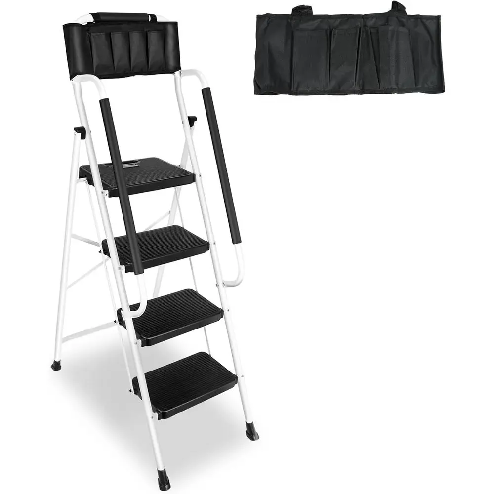 

4-Step Ladder with Handrails and Detachable Tool Bag, 330-lb Capacity, Non-Slip Steps, Ideal for Home or Office, White