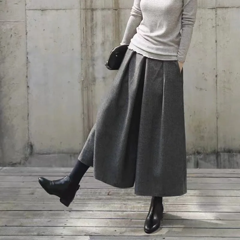 Woolen Loose Wide Leg Pants Skirts A-line Profile Pleated Trousers Winter Autumn Small Cropped Pant Fashion Office Lady Culottes