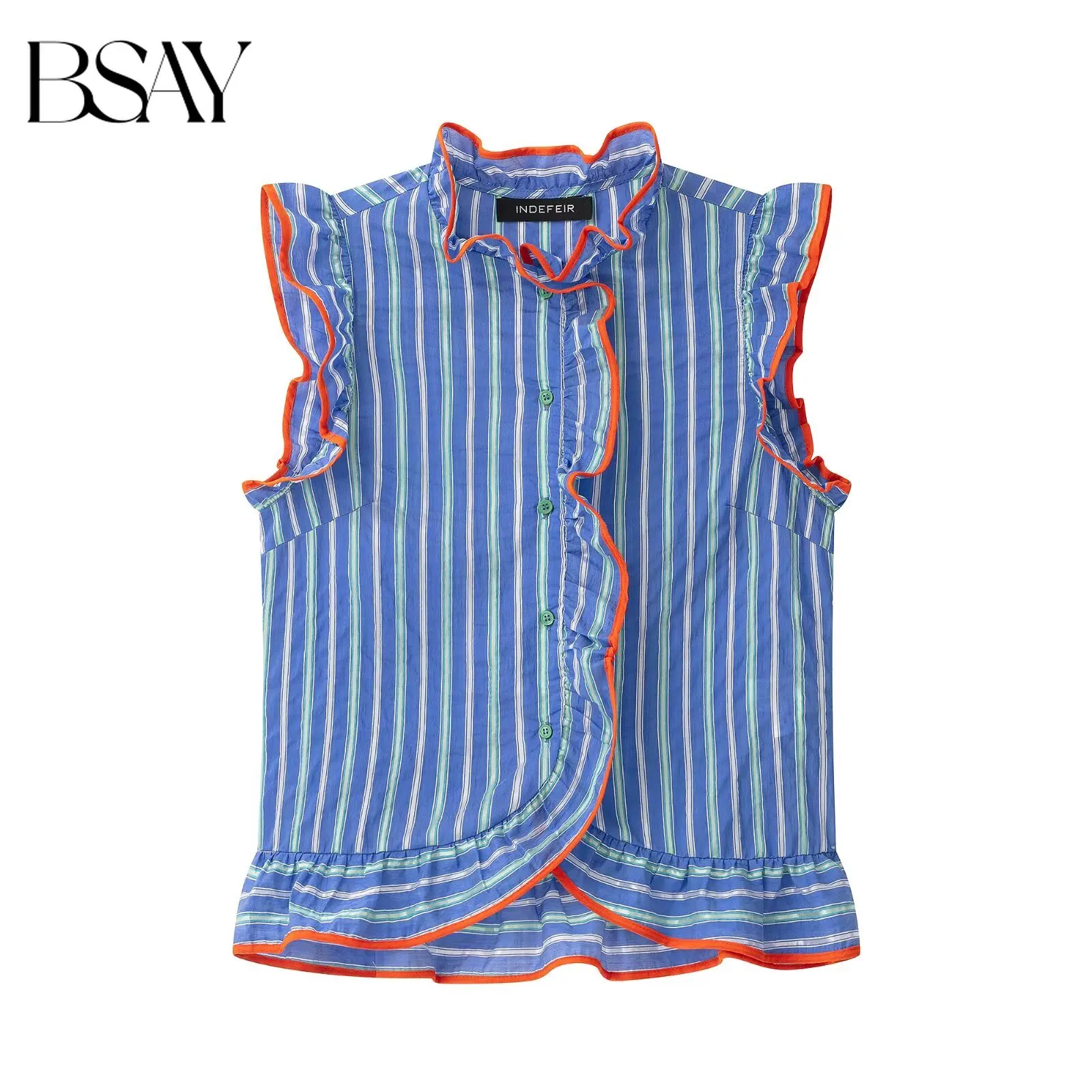 BSAY Blouse sans manches rayée colorée pour femme, col montant à volants, ourlet à volants, boutonnée, décontractée, style débardeur d'été
