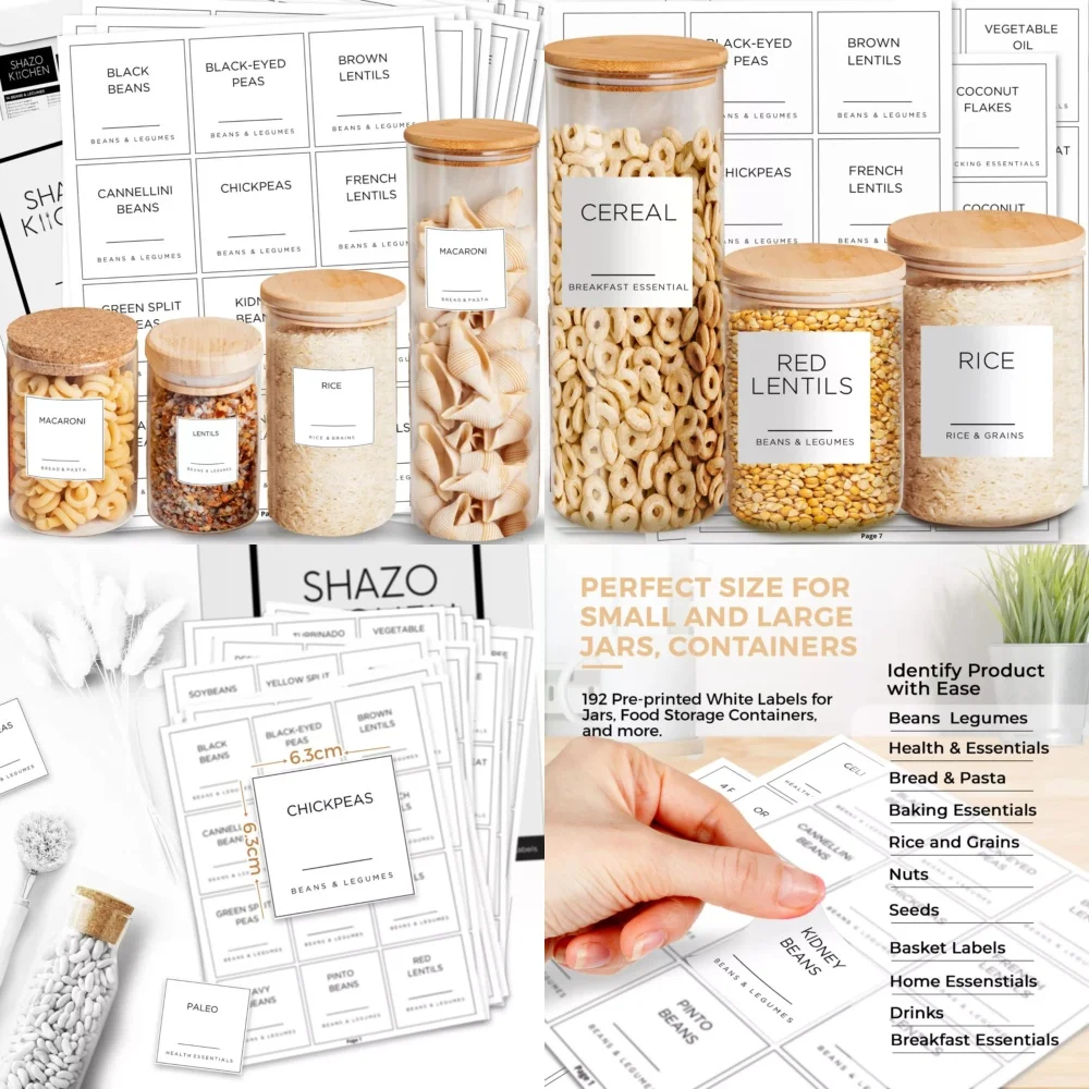 

192 Kitchen Pantry Labels for Food Storage Containers Waterproof Minimalist Organization Set for Jars Spices Grains Bins Home