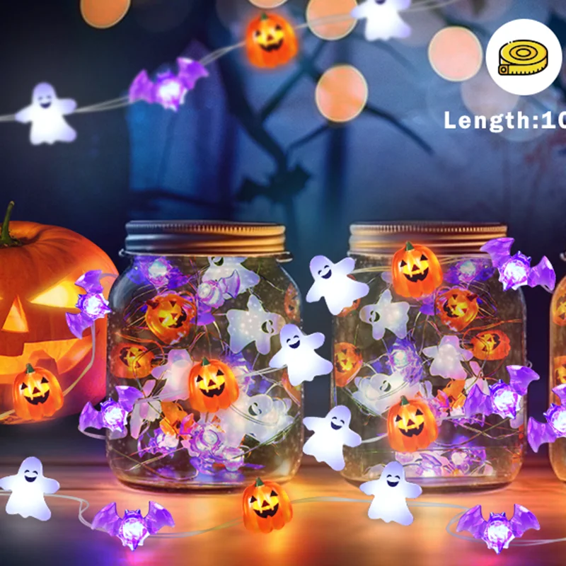 1PC Halloween Copper Wire String Light With Pumpkin Bat Ghost Hanging Fairy Lamp Battery Powered For Home Bedroom Festival Decor