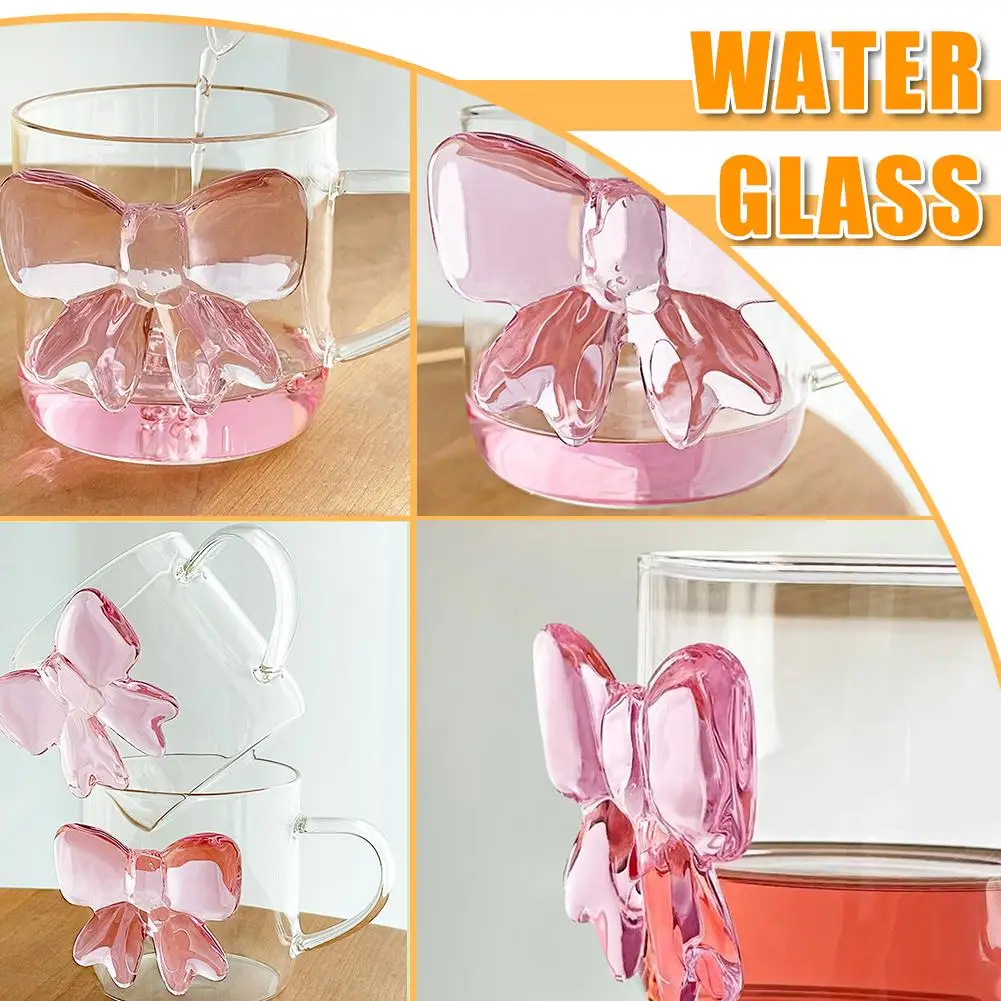 

400ml Ceative Glass Cup With 3D Pink Bow Decor Cute Lovely Coffee Glass Mug Gifts For Girls Friends Office And Home S4F1