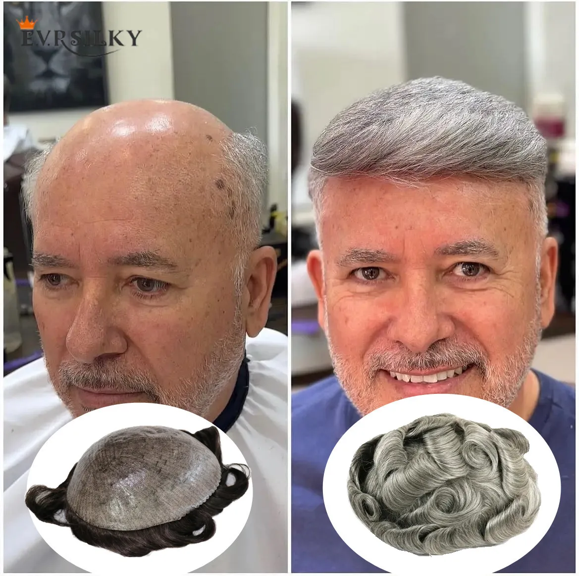 Men's Grey and white 6 inch fashion comfortable wig Men's wig 30mm full pu capillary system Men's prosthesis replacement system