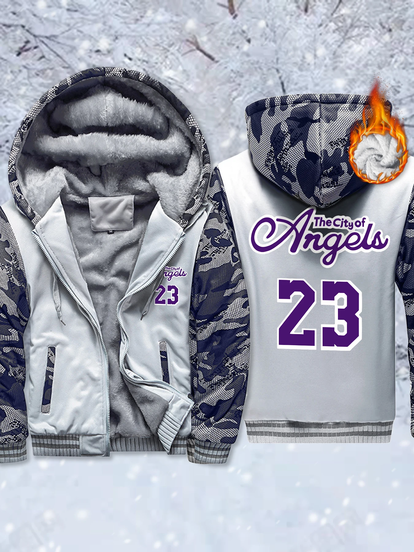 

The City Of Angeles Number 23 Prints Men'S Zipper Jackets Outdoor Winter Jacket Warm Fleece Hoodies Casual Fashion Loose Hoodie