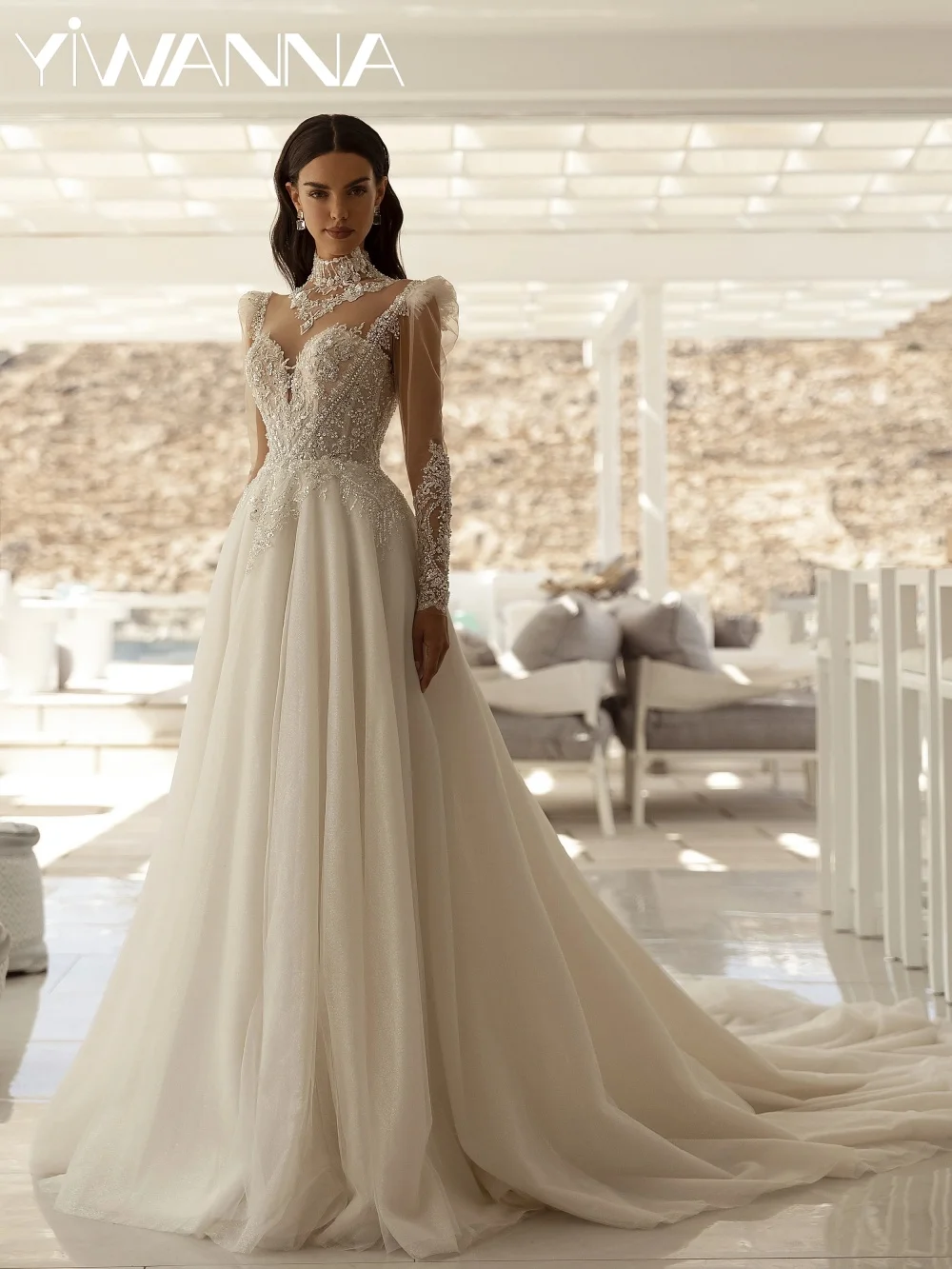 

New Embroidery Beaded Lace Wedding Dress Modest High Collar Long Sleeve Bridal Gown Customized Exquisite Dresses For Bride