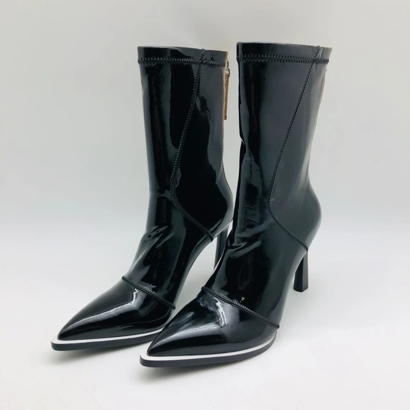 

New Autumn and Winter Women's Boots Patent Leather Short Boots Pointed Stiletto Heels Skinny Boots Zipper Sexy Mid-calf Boots