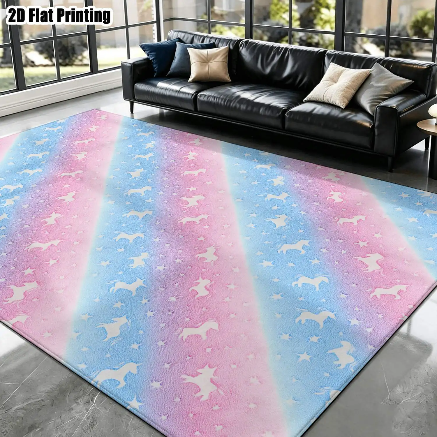 1Pc 2D Printed Carpet: Pink-Blue Gradient Unicorn & Star Pattern Nordic/Instagram-Inspired Minimalist Geometric Striped Fresh and Cute Home Decor Mat, Multi-Size, Machine Washable, for Entryway, Dining Room, Foyer, Bedroom, Living Room, Study.