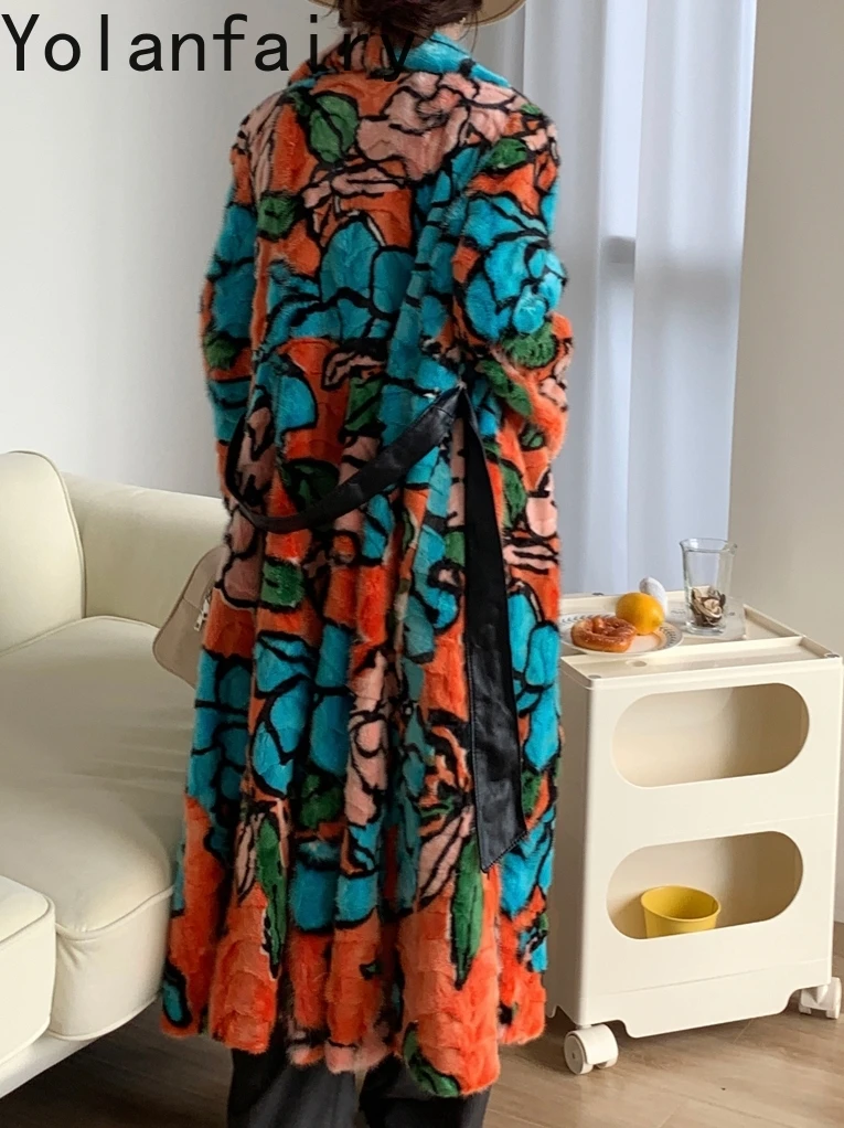 YOLANFAIRY High Quality Splicing Mink Fur Jacket Women's Clothes 2025 Winter Long Real Fur Coats Woman Printed Long Fur Coat