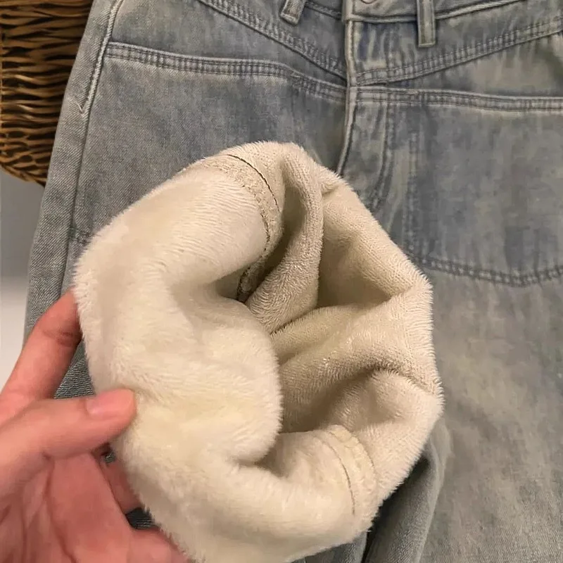 Damskie aksamitne jeansy proste na jesień w stylu retro z wysokim stanem, podwójnymi kieszeniami, grube spodnie, ciepłe damskie szerokie spodnie jeansowe.