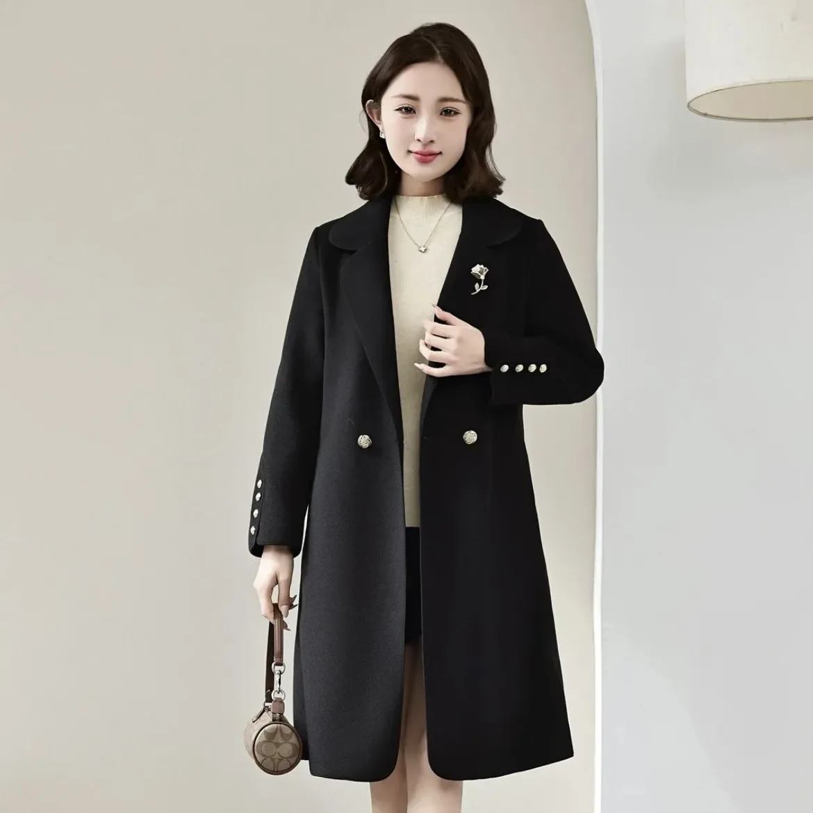 Women's Double-Sided Woolen Trenchcoat Jacket 2026 Autumn Winter Slim Fit Medium Length Chic Casual Windbreaker Overcoat