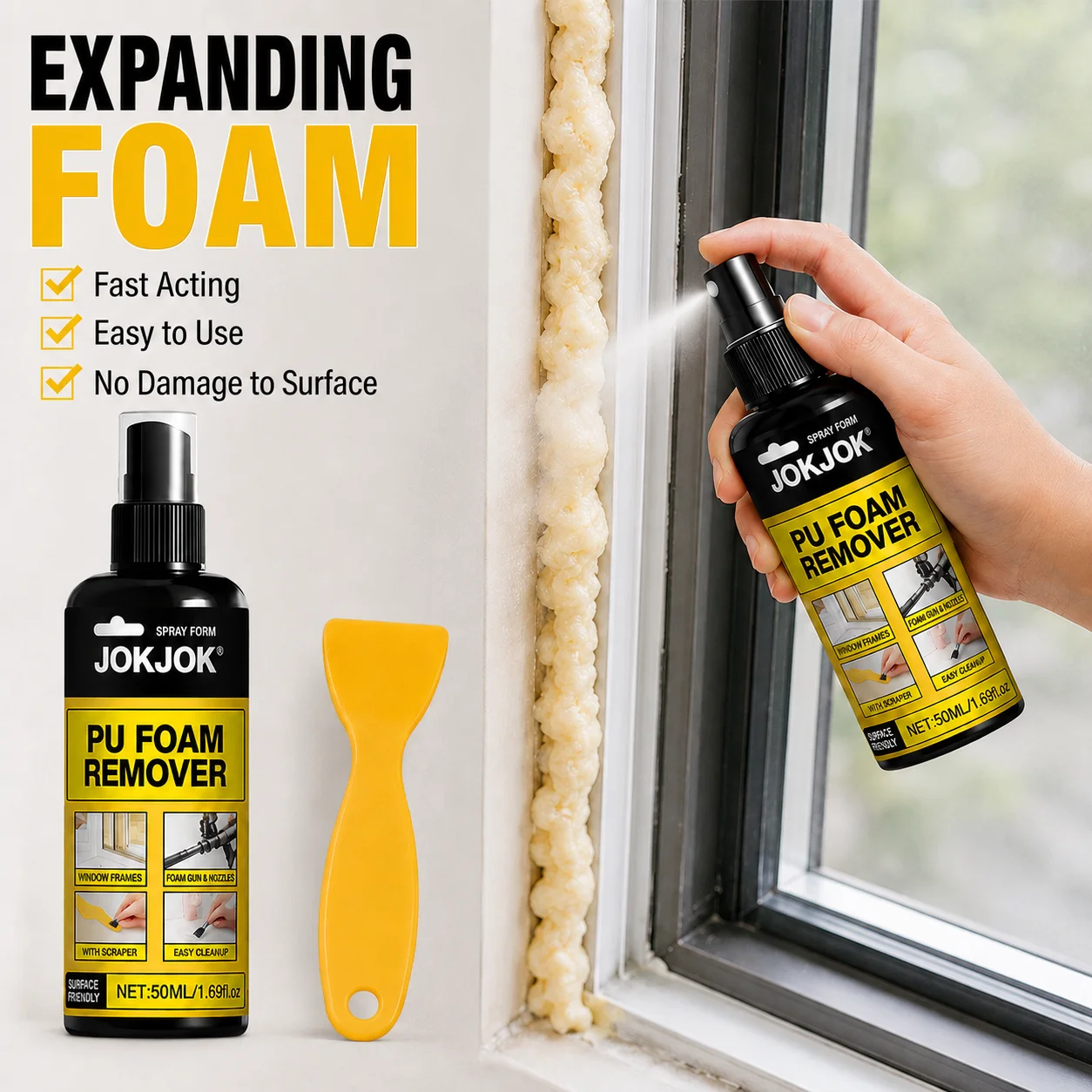 JOKJOK PU Foam Remover For Window Door Frames Polyurethane Expanding Foam Residue Cleaner With Scraper 50ML