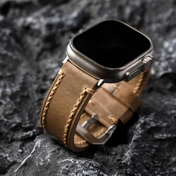 Handmade Custom For Apple Applewatch Ultra Watch Strap 49MM 45MM Vintage Brushed Leather Men's Bracelet