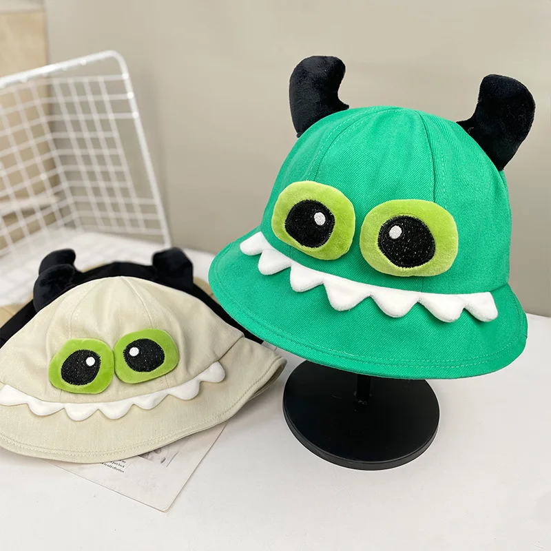New Black Big Eyed Monster Fisherman Hat Girls Cartoon Versatile Travel Sunshade Hat Boys Super Cute Playful Bucket Cap Students