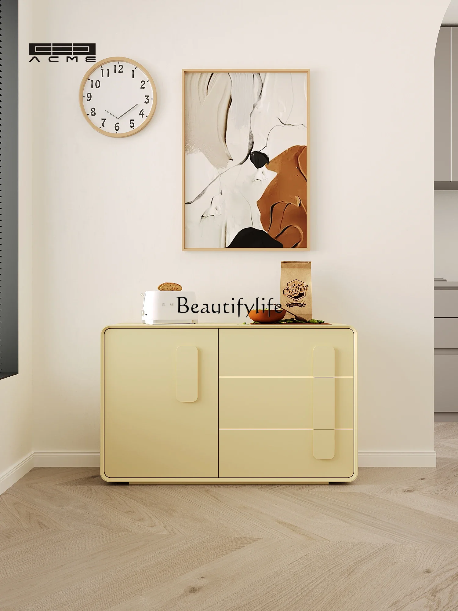 

Light yellow cream style dining side cabinet Modern simple solid wood storage cabinetL