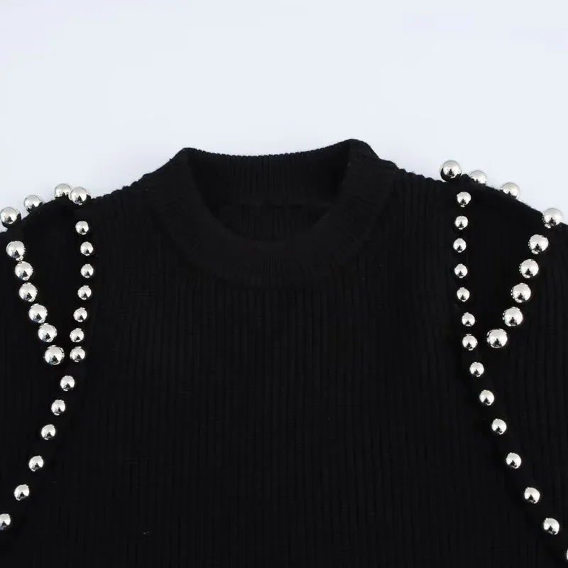 TRAF Crop Knit Pullover Women's Sweater Autumn Winter Off Shoulder Long Sleeve Top Black Round Neck Short Sweaters New Knitwears
