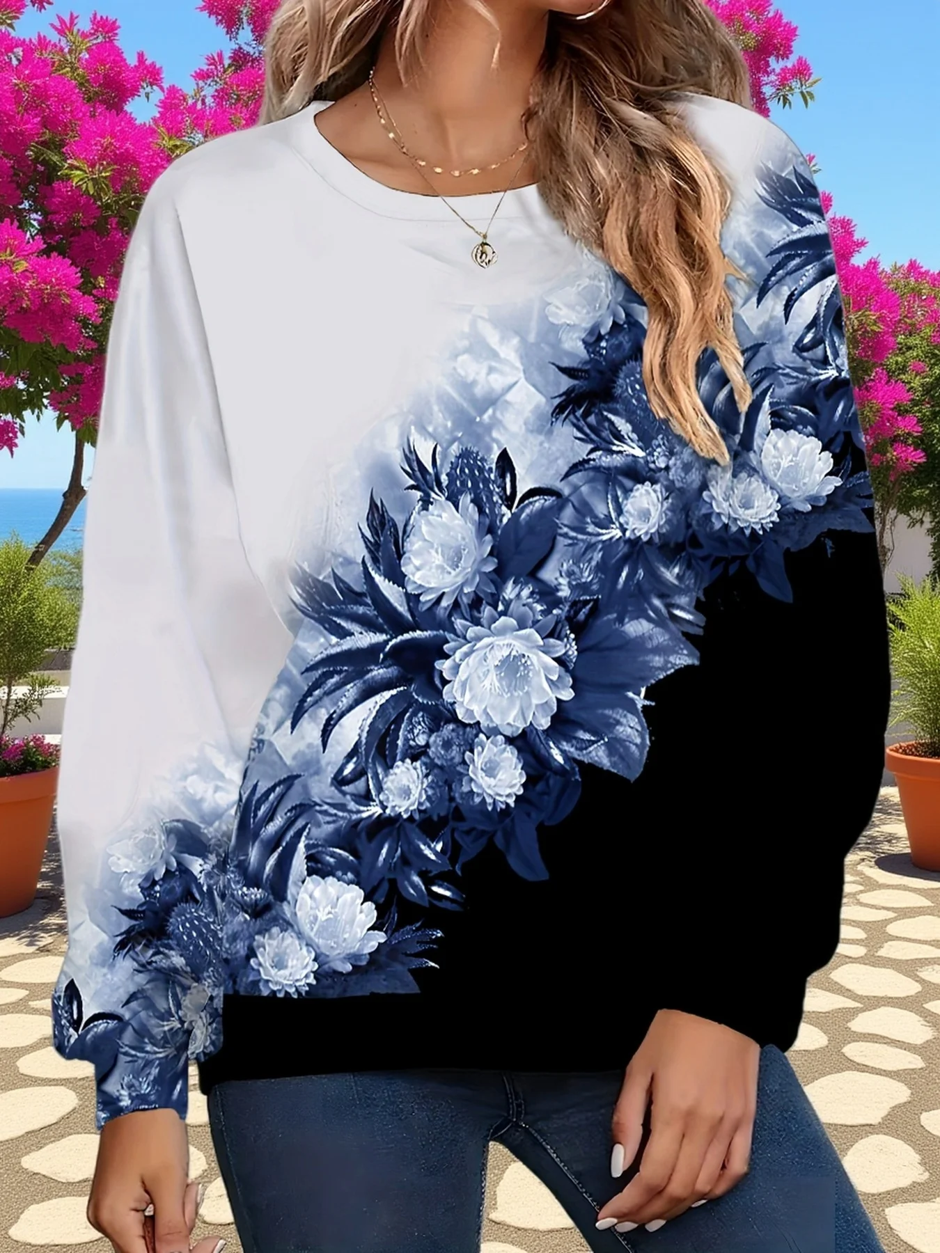 Women Long Sleeve Tee Top Blue Floral Gradient Splice Print Autumn Fashion Casual Round Neck Sweatshirt Women's Clothes