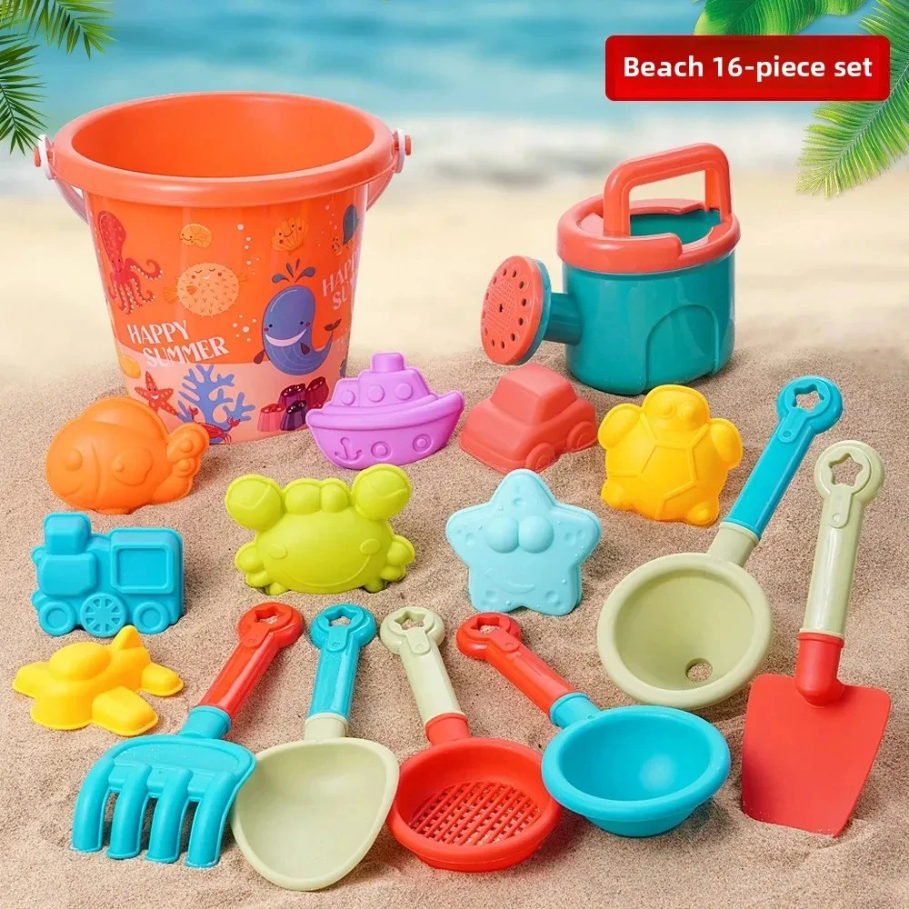 

kid's outdoor summer beach toy set sand digging tools, plastic buckets, water spray bottles, shovels, beach water play tool toys