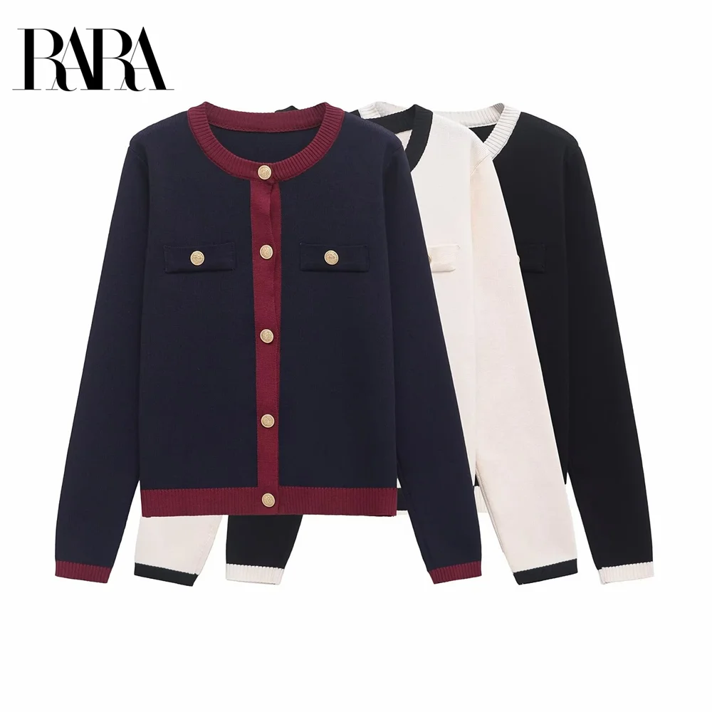 

RARA 2022, новинка зимы, женское модное повседневное вязаное пальто с золотой пряжкой и контрастным краем, круглым вырезом и длинными рукавами