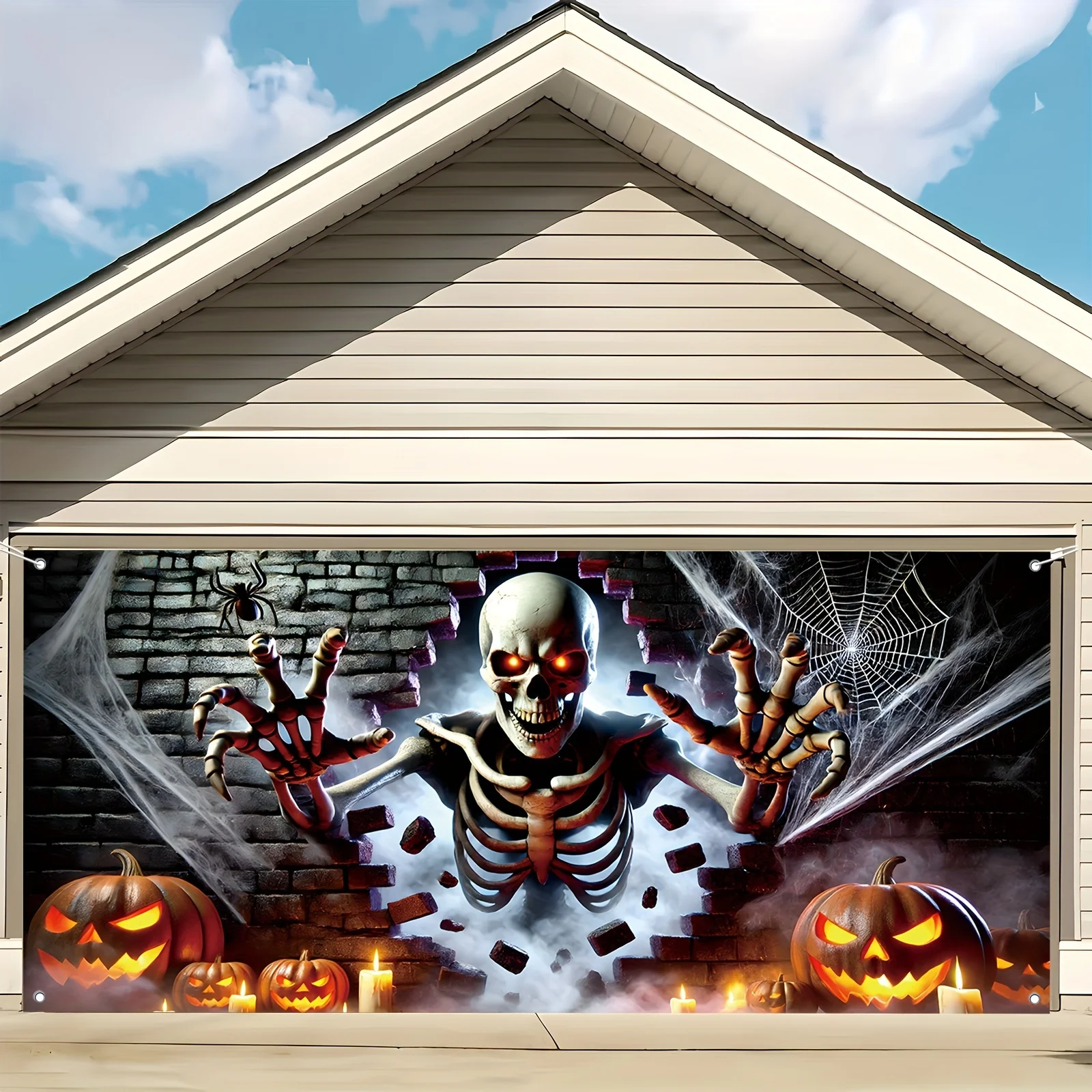 1 2D banner, Halloween garage door, pumpkin and spider web design - ideal home, yard and festive occasion decoration