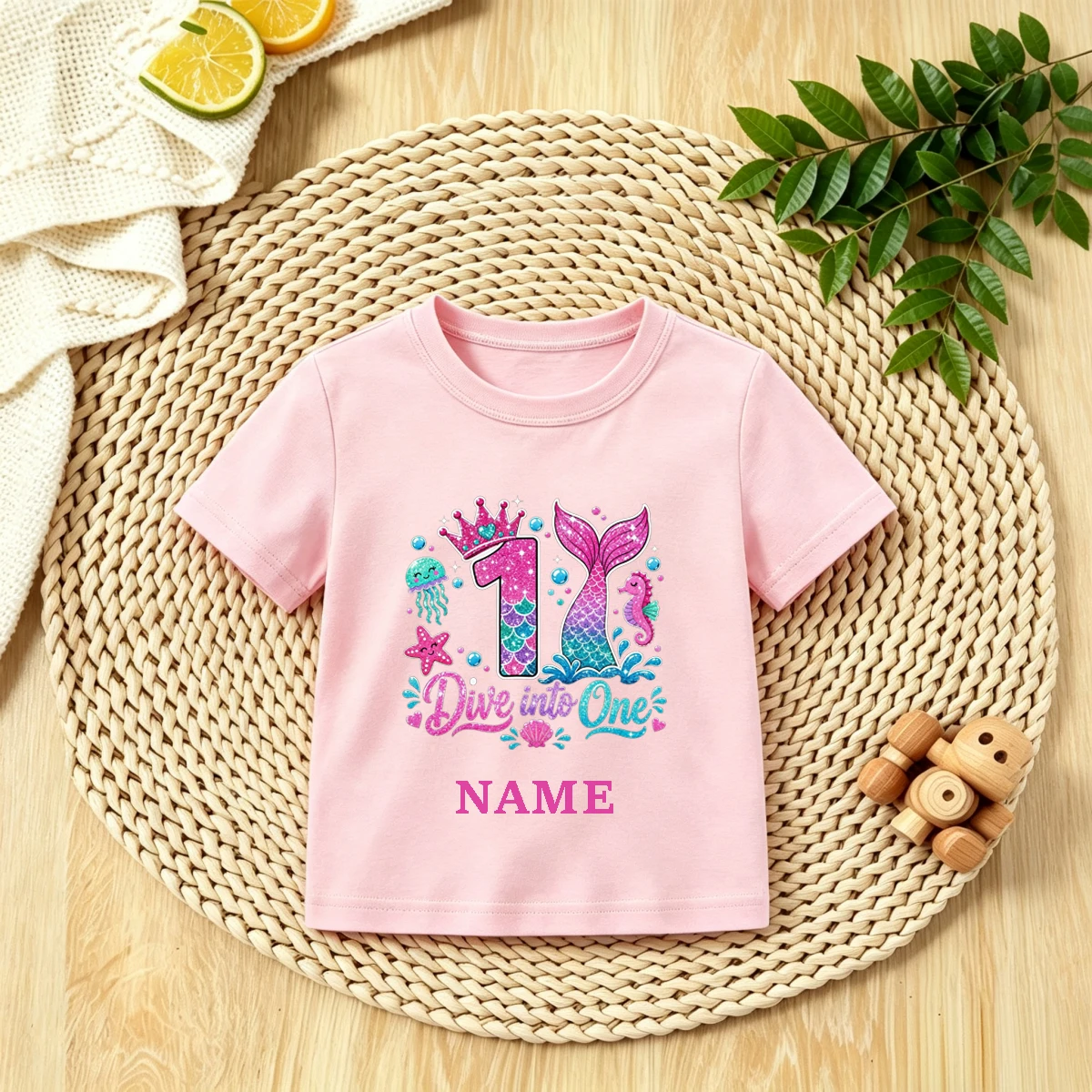 Newly Style Mermaid Kids T-Shirt, Custom Name Girls Mermaid Tail Crown Graphic Short Sleeve Tshirt Birthday Party Outfit Tops