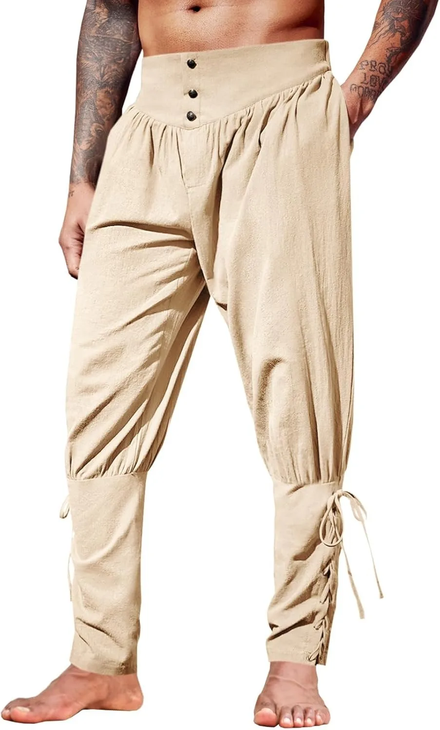 Mens Medieval Ankle Pants Renaissance Viking Pirate Lace Up Tapered Halloween Linen Costume Trousers