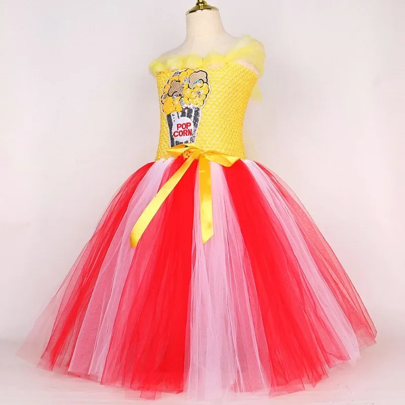 Red Yellow Popcorn Long Dresses for Girls Birthday Party Halloween Costumes Kids Christmas Tutus Performance Outfit with Big Bow