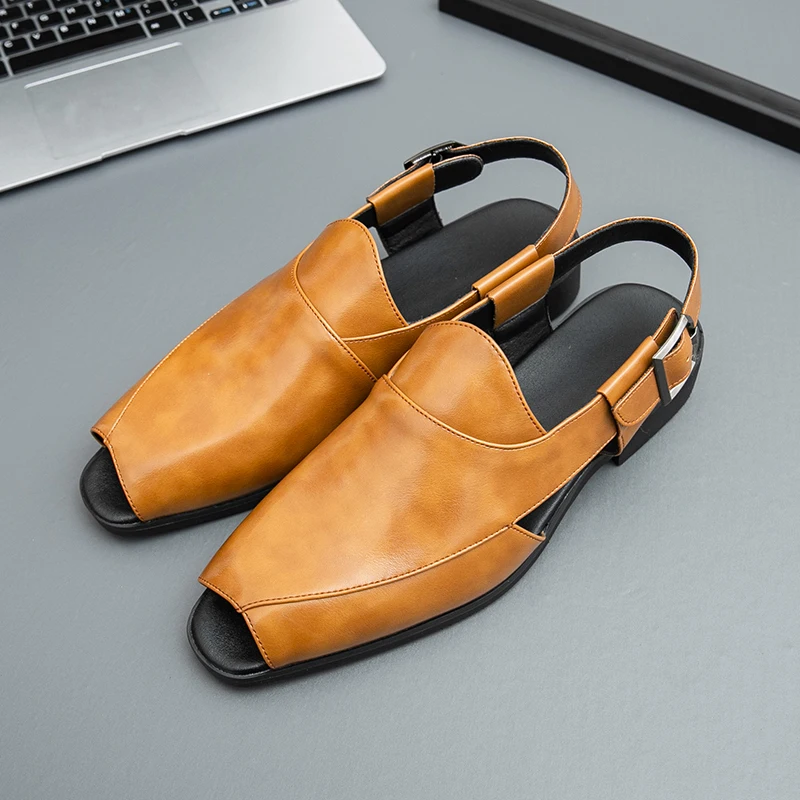 Original Luxury Designer Sandals Pointed Toe Golden Glitter Leather Sandals Size 46 Bussiness Dress Shoes Men sandalias hombre