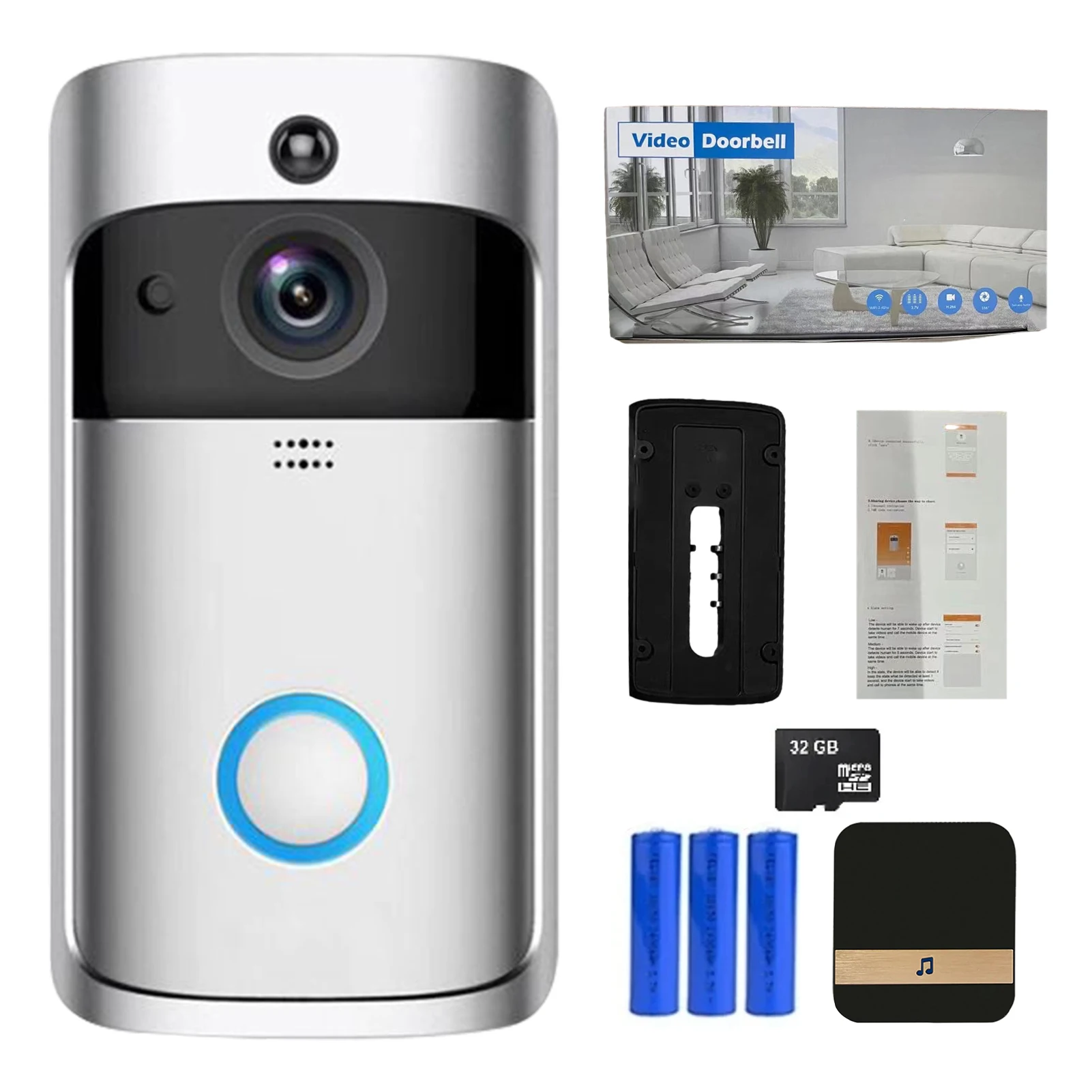 جرس باب فيديو للكشف عن الحركة ، تحكم بالتطبيق ، صوت بااتجاهين ، شاشة عن بعد ، مكتب منزلي ، ABS لاسلكي ، واي فاي اتصال داخلي ذكي مرئي